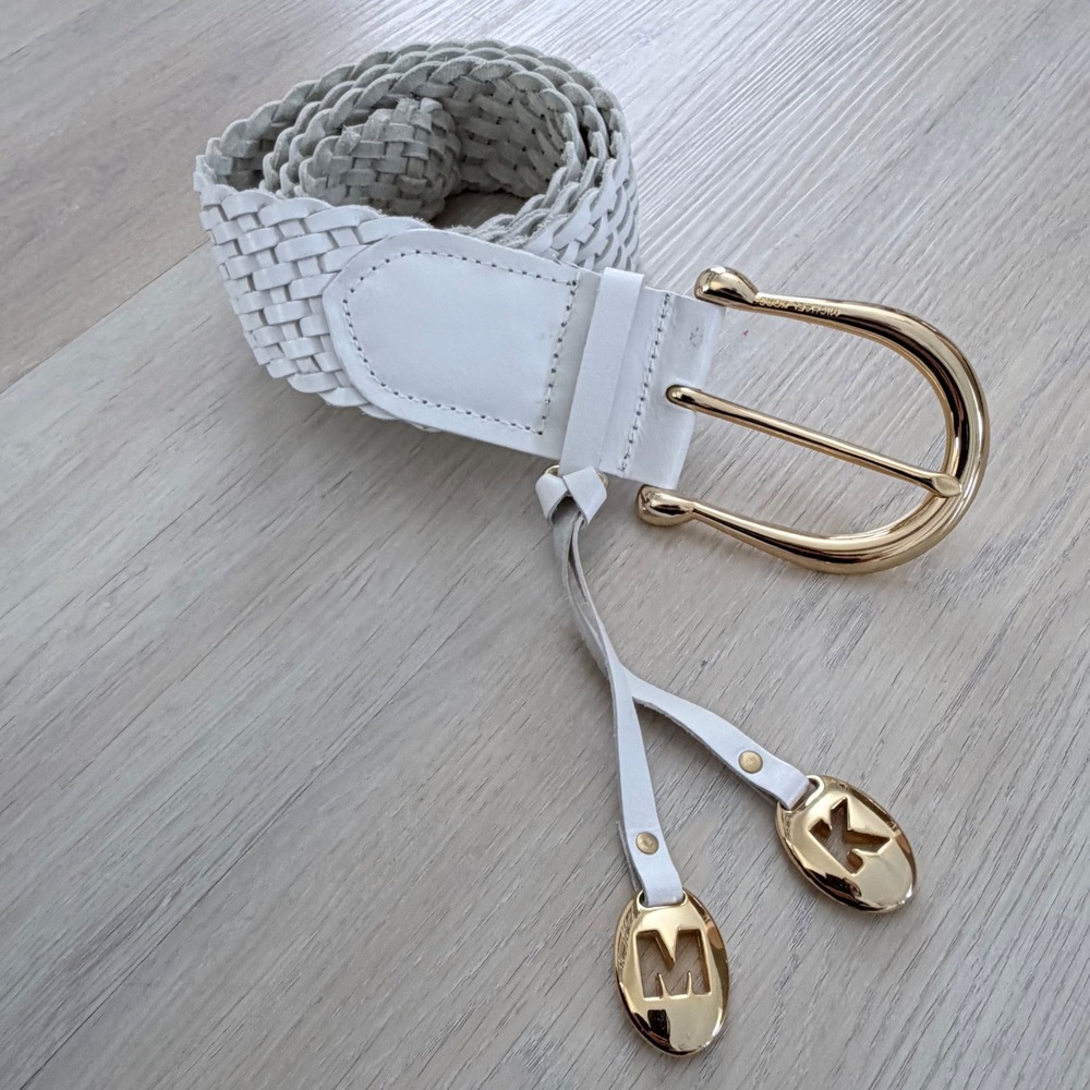 Michael Kors White Braided Leather Belt Gold Buckle MK Logo Charms Y2K XL